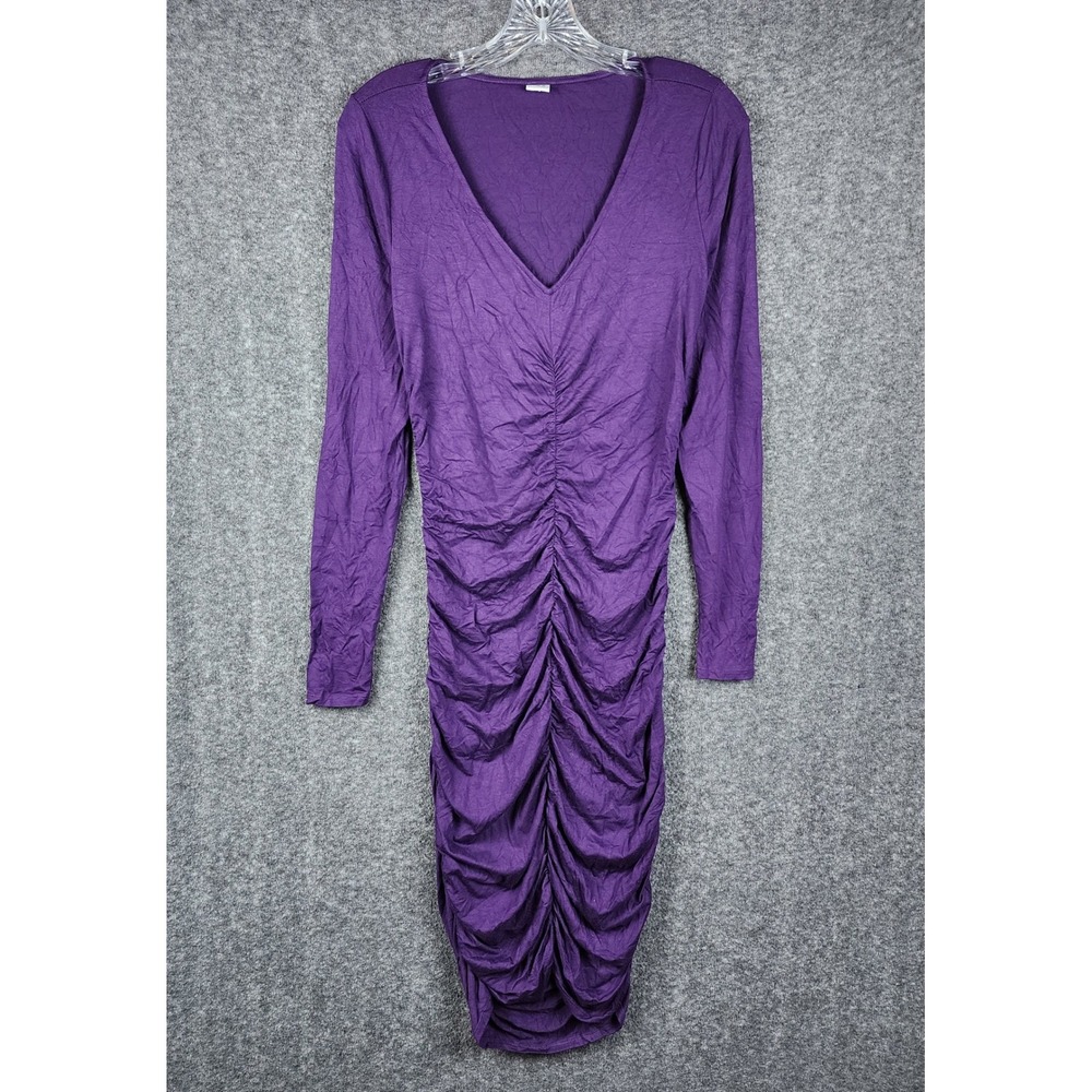 Three Dots Ruched Midi Dress Womens Small Purple Long Sleeve V-Neck EM5339 USA